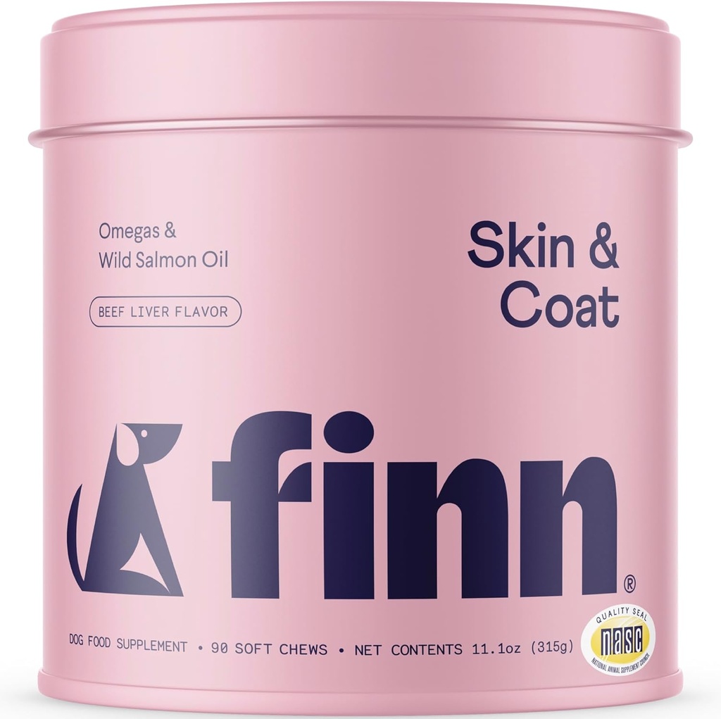 Finn Skin &amp; Coat Salmon Oil Supplement for Dogs  Apoya A Thick & Shiny Coat TEN Fish Oil from Wild Alaskan Salmon, Omega-3s, EPA &amp; DHA, Biotin, & Zinc TEN 90 Soft Chews