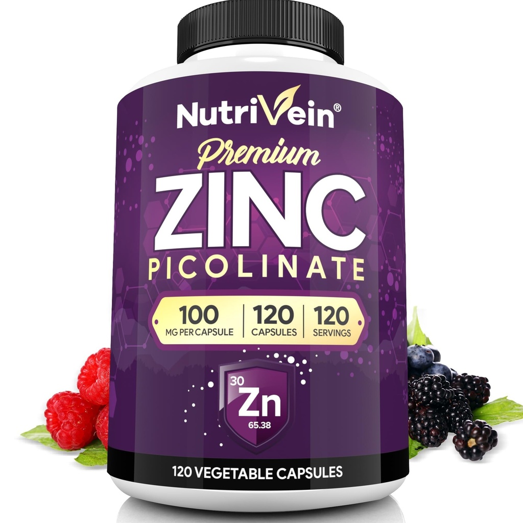 Nutrivein Premium Zinc Picolinate 100mg - 120 cápsulas para adultos: Alta absorción Zinc Picolinate Suplementos - Nourishment esencial para el bienestar general - Max Bioavailability