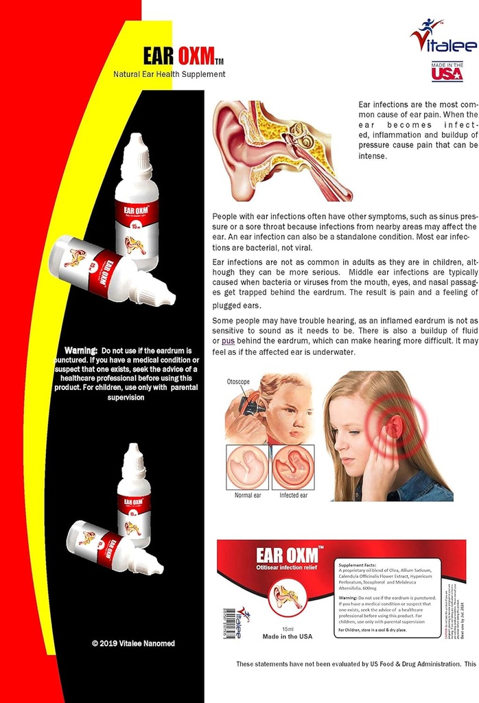 Ear OXM- Natural Ear Aches &amp; Infection Drops (1 Botella,15 ml)