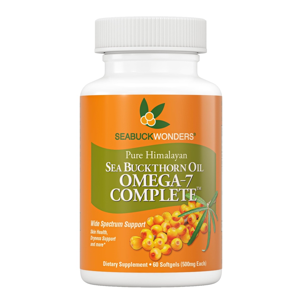 SEABUCKWONDERS Organic Sea Buckthorn Oil, Omega-7 Complete Softgels, 60 Cuenta, con Omega 3, 6 &amp; 9, admite cabello, piel &amp; salud de uñas, 1000 mg por servicio