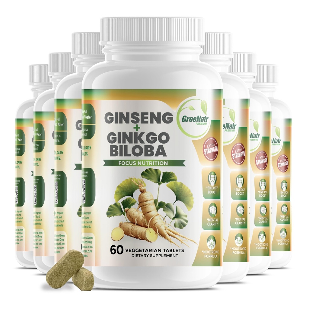 GreeNatr Ginko Biloba &amp; Panax Ginseng Supplement - Red Ginseng Brain Supplement for Memory and Focus - Ginkgo Biloba Supplements for Good Vision, Immune System and Improved Blood Flow - 12 Bottles
