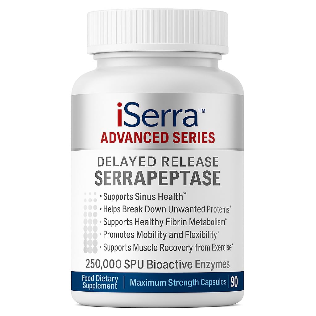 iSerra 250.000 SPU Serrapeptase Enzyme - 90 Maximum Strength Capsules - Hasta 12x Más Potent Than Other Serrapaptase - Delayed Release Technology-High Potency Non-GMO, Gluten Free, Vegan (Pack of 1)