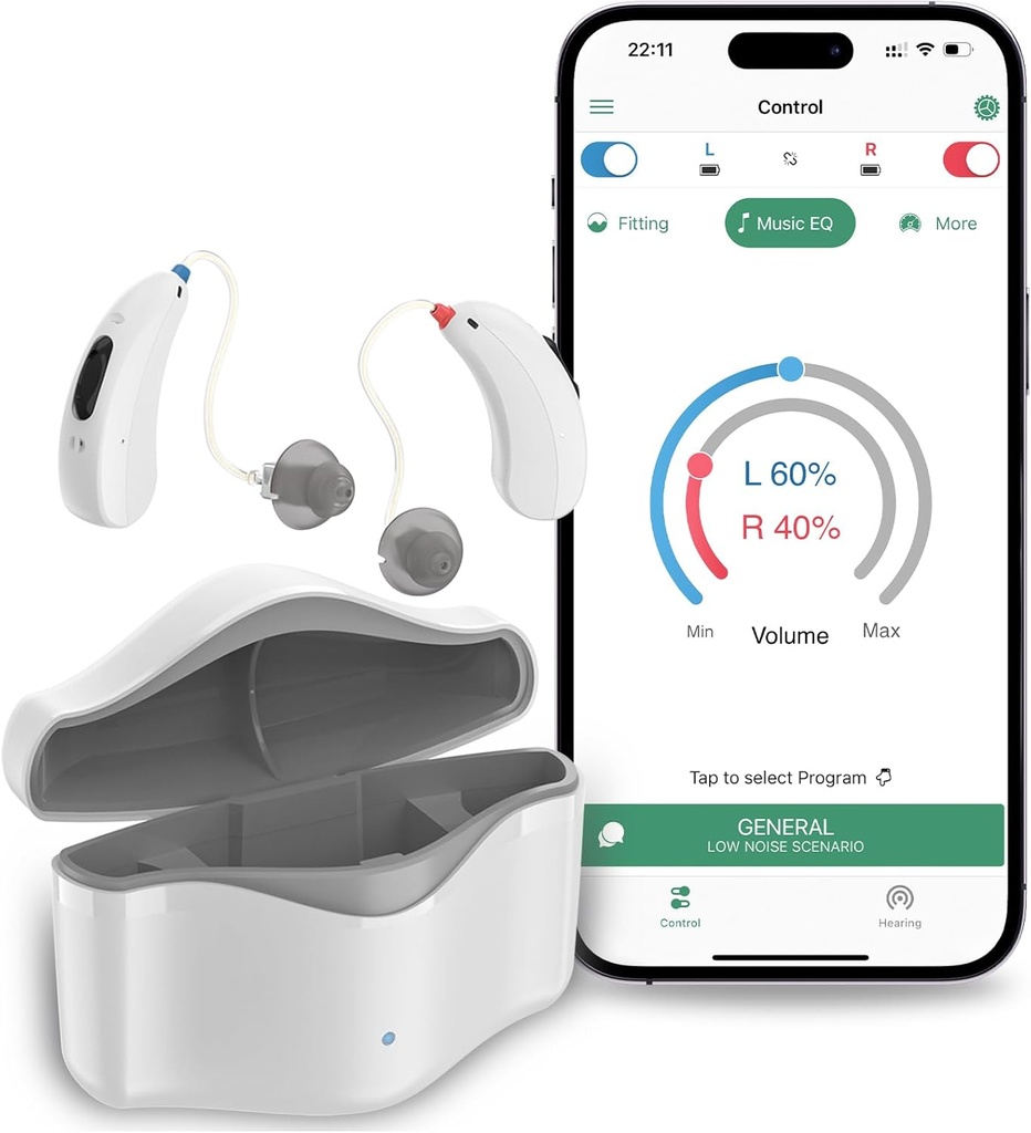 Ayudas auditivas para personas mayores Recargables, RIC 16 ayudas de escucha de canales con Bluetooth para adultos, ayudas de alta audiencia con cancelación de ruido inteligente, dispositivo de ayuda de oído digital con control APP, blanco