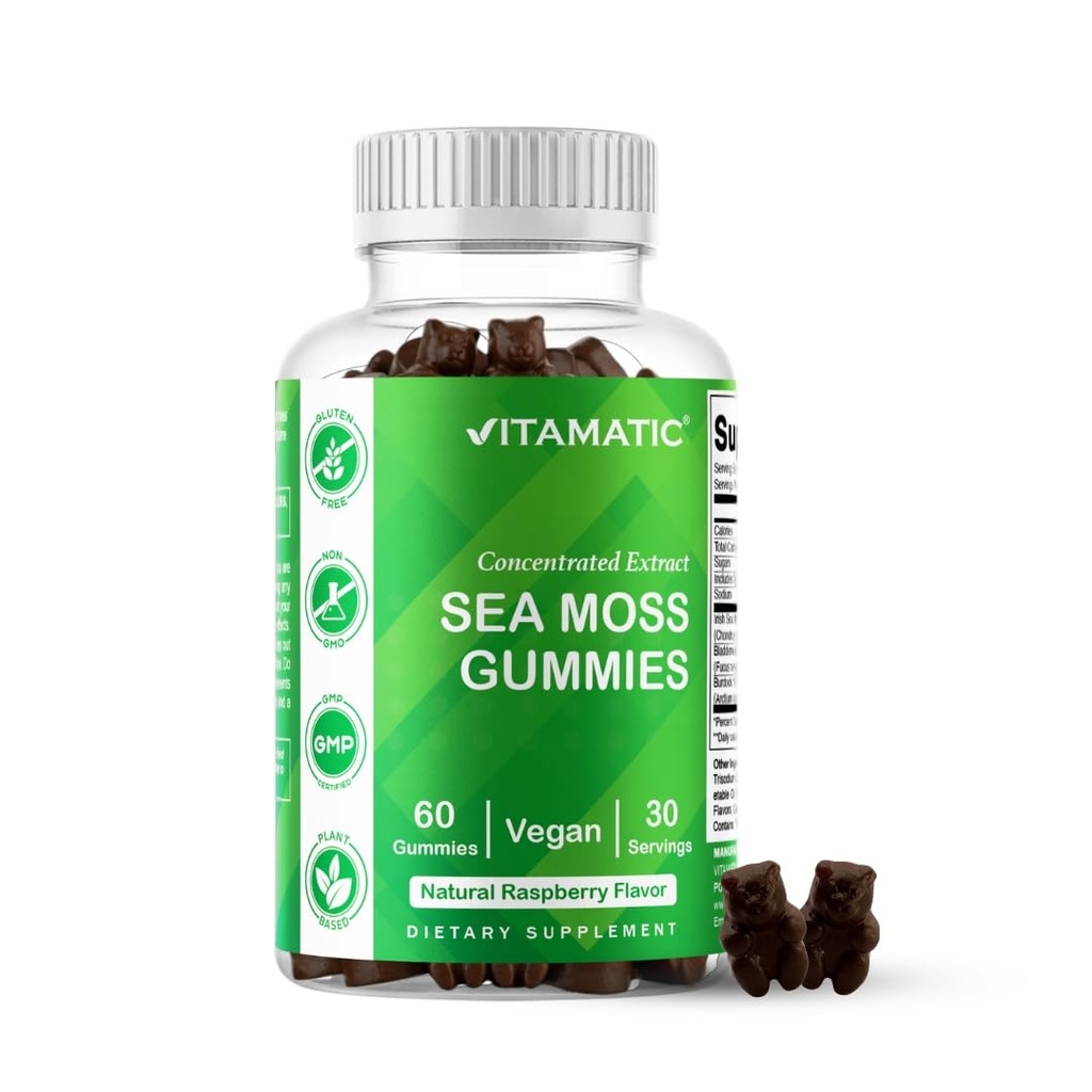 Vitamatic Irish Sea Moss Gummies – 3000mg Equivalent Por Serving (de Extracto 132.5mg) – 60 Ct Made with Bladderwrack & Burdock Root – Seamoss Supplement for Thyroid, Energy &amp; Immune Support
