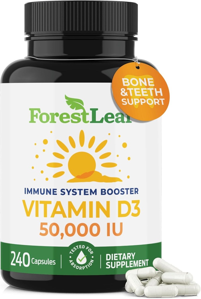 ForestLeaf Vitamina D3 50.000 UI ANTE VIT D - VIT D3 Vitamina D Suplemento para Mujeres y Hombres TENIDO Bone Health, Teeth, Immune Support TEN Easy to Swallow Pills ← High Potency WEEKLY Dose, 4-Year Supply, 240 Caps