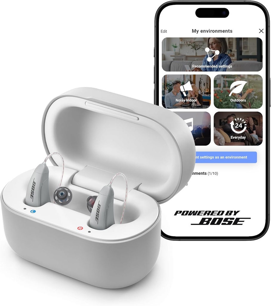 Lexie B2 OTC Hearing Aids Powered by Bose - Bluetooth Call Permitido para iOS, recargable con Control de Aplicación, todo el día Comfort. Solución autofinada, reducción de ruido, para pérdida de oído moderada a leve