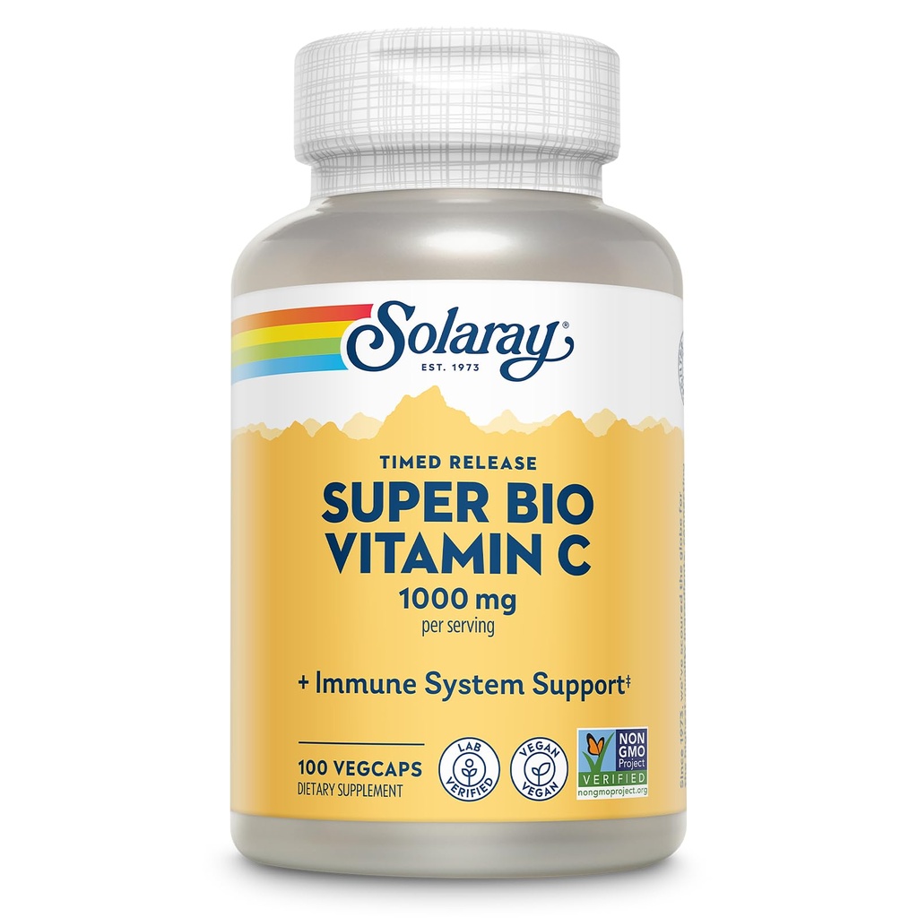 SOLARAY Super Bio Buffered Vitamin C 1000mg, Dos etapas, Timed Release Vitamin C with Bioflavonoids, Immune Support Supplement - High Absorption, Vegan, 60 Day Guarantee, 50 Servings, 100 VegCaps