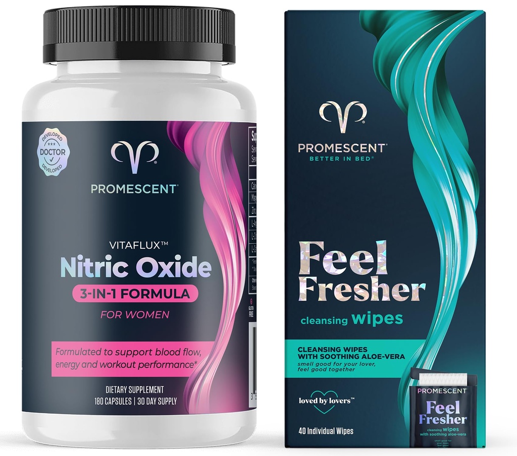Promescent VitaFLUX Nitric Oxide Booster Suplemento + Flushable Wipes para adultos, limpieza personal Higienic Wet Wipes para hombres y uso femenino