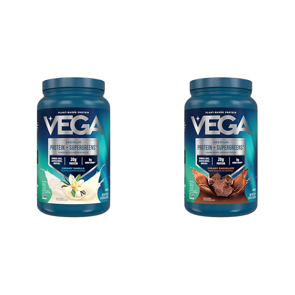 Vega Protein &amp; Greens Bundle, Chocolate + Vainilla (25 Servimientos Cada uno) - Polvo de proteína con base vegetal, Keto-Friendly, Gluten Free, Non Dairy, Vegan, Non Soy, Non GMO, Lactose Free