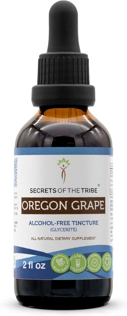 Secrets of the Tribe Oregon Grape Alcohol-Free Liquid Extract, Responsibly farmed Oregon Grape (Mahonia acufolium) Dried Root Tincture Supplement (2 FL OZ)