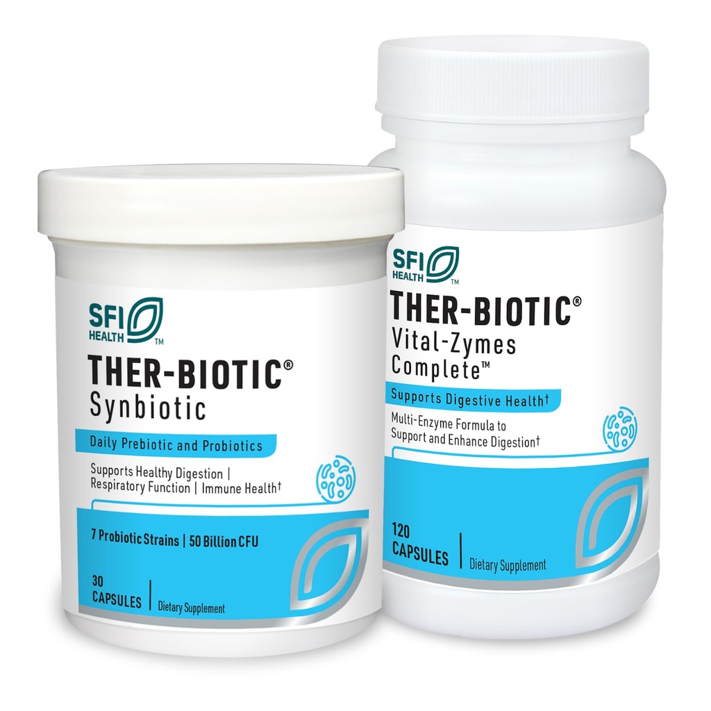 Klaire Labs Ther-Biotic Synbiotic Probiotic (30 Capsules) + Vital-Zymes Digestive Enzymes Bundle (120 Conde) - Low-FODMAP Probiotic Supplement + Digestion Support Enzymes - 2 Product Set