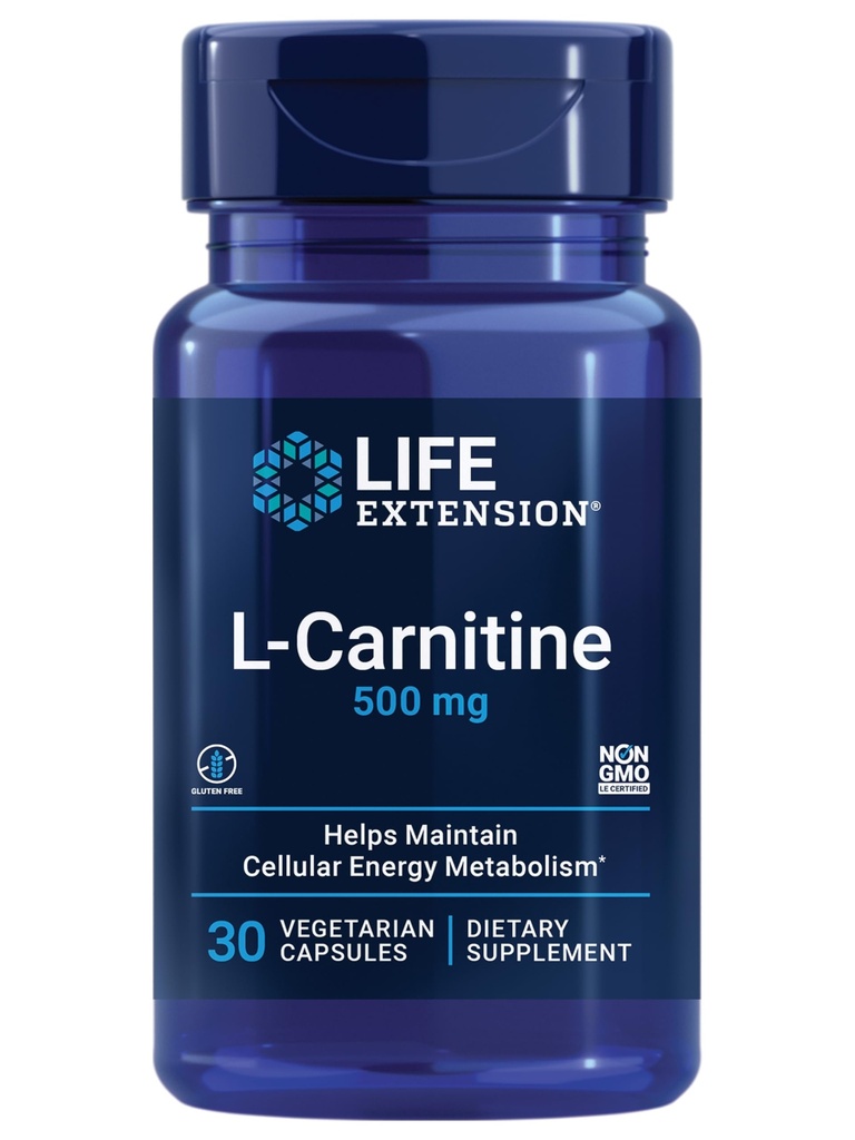 Extensión de vida L-Carnitina – 500 mg, Suplemento energético, Suplemento de memoria – Aminoácidos de forma gratuita, soporte de óxido nítrico, presión arterial saludable – Gluten-Free, No GMO, Vegetariano – 30 cápsulas