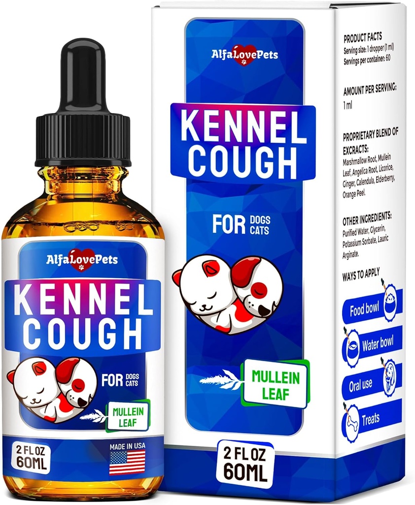 Tratamiento de tos de Kennel para perros &amp; gatos – Supresor de tos de perro ayuda con alergias, nariz de rubí, estornudos – para todos los pechos &amp; tamaños – hoja de Mullein y Calendula – 2 Oz