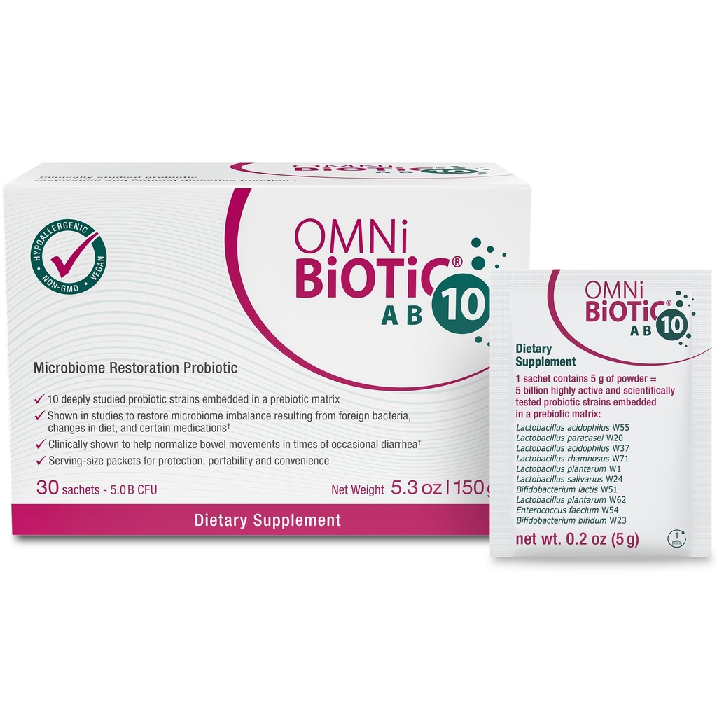 OMNi BiOTiC AB 10 - Probiótico Restaurativo probado clínicamente - Soportes & Restores Gut Flora & Digestión - Probiótico Digestivo para la diarrea - Vegan, Hipoalergénico, No GMO (30 Packets diarios)