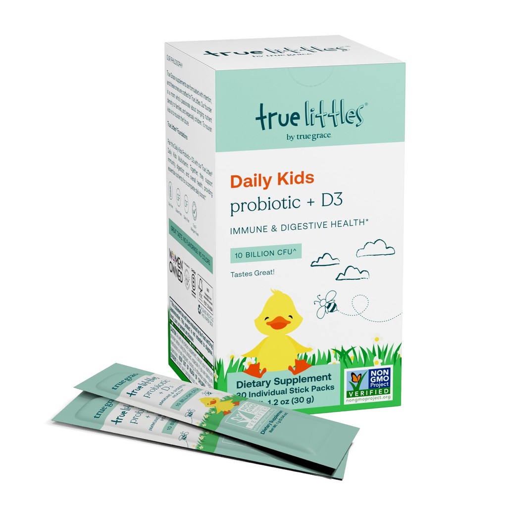 True Grace True Littles - 30 Paquetes de Pegatina Individual - Probiótico diario de los niños + vitamina D3 para la salud inmune y digestiva - Gluten, Soy &amp; Dairy Gratis - 30 Servings