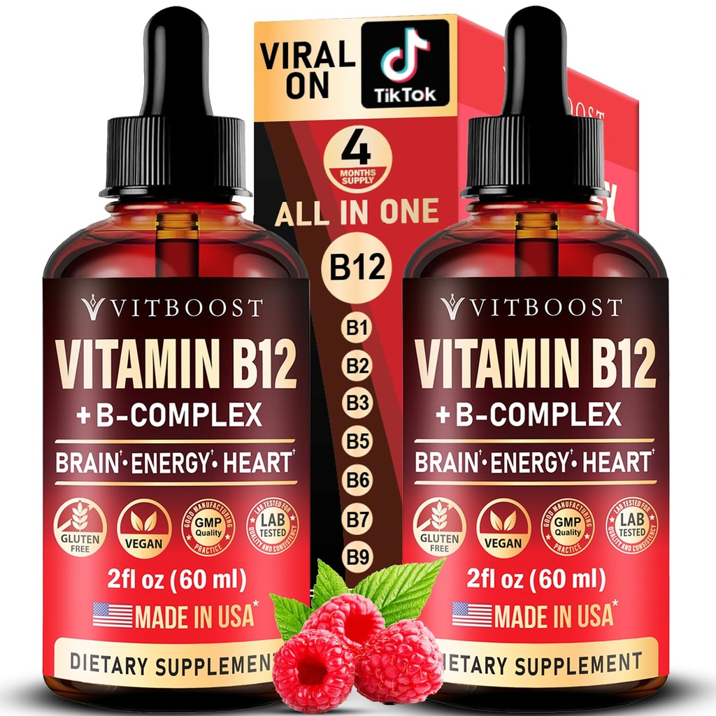 Vitamina Vegana B12 con Complejo B 20000 mcg- Extra Strength for Men and Women- Raspberry Liquid Drops under USA Made, B1, B2, B3, B5,B6, Biotin, Folic Acid &amp; B12 Sublingual Methylcobalamin ← 4 Meses Supply