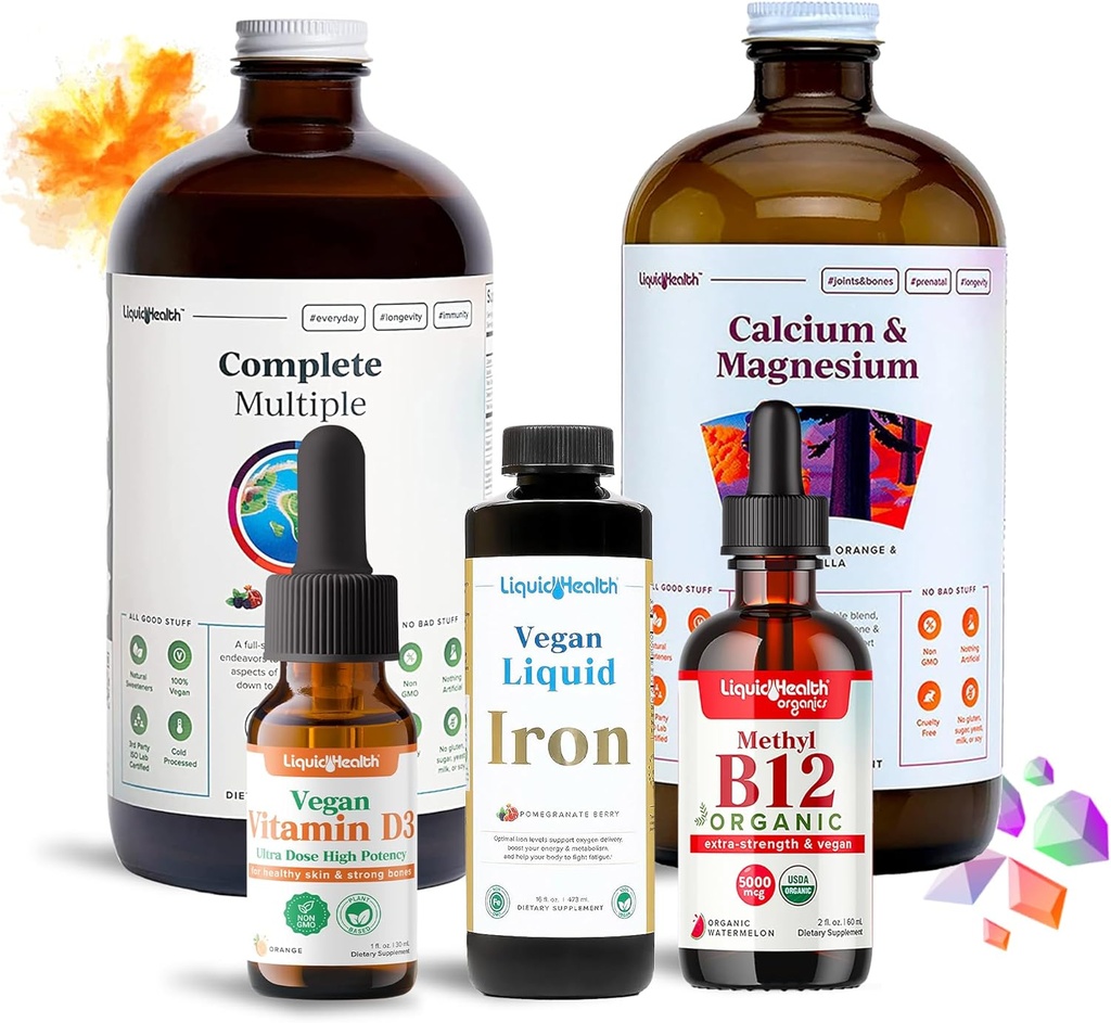 LIQUIDHEALTH Ultimate Bariatric Liquid Vitamin Supplement Bundle - Daily Bariatric Multivitamin with Iron, Calcium, Magnesium, Vegan Vitamin D3 &amp; Organic B12 - Bariatric Surgery Must Haves, USA Made