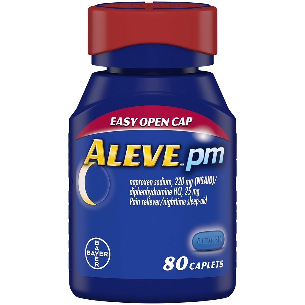 Aleve PM Caplets, Fast Acting Sleep Aid and Pain Relief for Headaches, Muscle Aches, Non-Habit Forming 220 mg Naproxen Sodium y 25 mg Diphenhydramine HCl Capsules, 80 cuentan