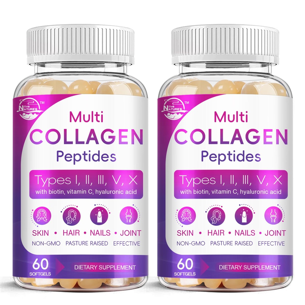 Multi Collagen Peptides Softgel - Tipo I, II, III, V, X - Péptidos de colágeno hidrolizado con biotina, vitamina C, ácido hialurónico, soporta uñas de pelo de piel, grano, no GMO, 60 Softgel, 2 Pack