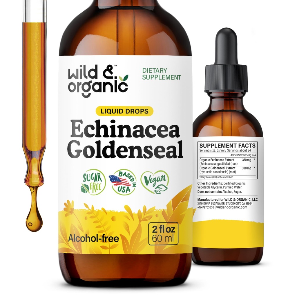Wild &amp; Organic Echinacea Goldenseal Liquid Drops - Immune Support Supplement w/Goldenseal Echinacea Root Extract - Vegan, Sugar &amp; Alcohol-Free Tintura - 2 fl oz
