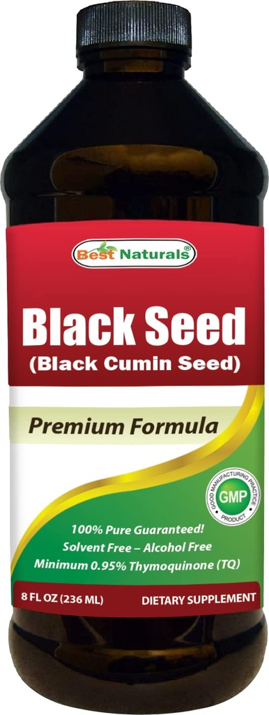 Best Naturals Black Seed Oil - Mínimo 0.95% Thymoquinone (TQ) - Cold Pressed Nigella Sativa Aids in Digestive Health, Immune Support, Brain Function, Joint Mobility, Gluten Free, Non GMO - 8 OZ