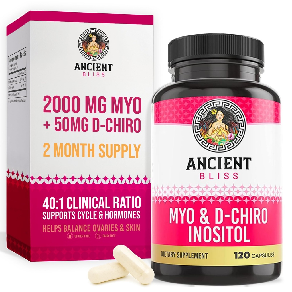 Antiguo Bliss Myo & D-Chiro Inositol Suplemento, 40 a 1 Ratio, Ayuda en función ovárica Apoyo a las mujeres, vitamina B8 Ayuda a regular ciclo menstrual, 2050 mg por ser, 120 cápsulas veganos