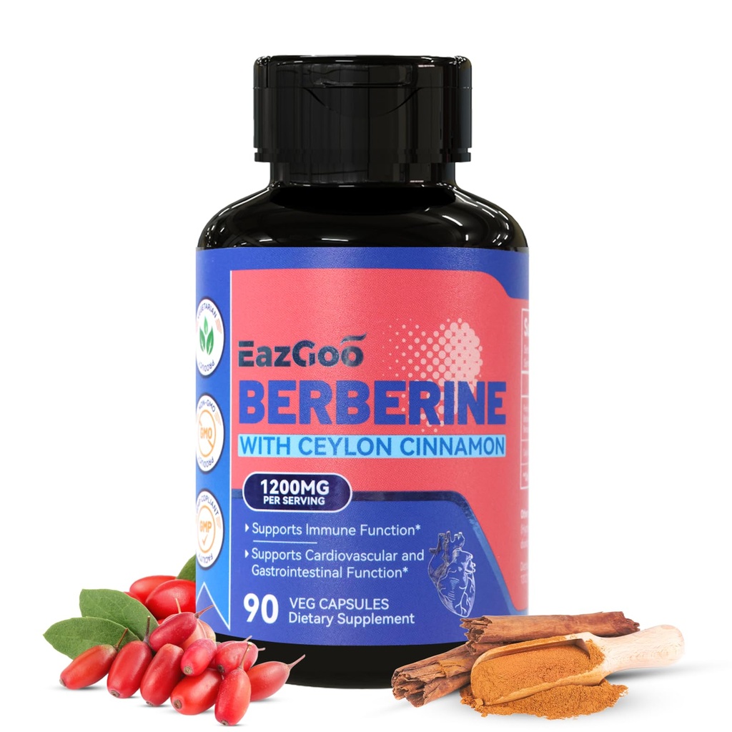 Suplemento de Berberina Premium 1200 mg con canela de Ceylán - 90 cápsulas Vegan - Beberina HCL Suplemento No GMO Gluten Free, Immune Support