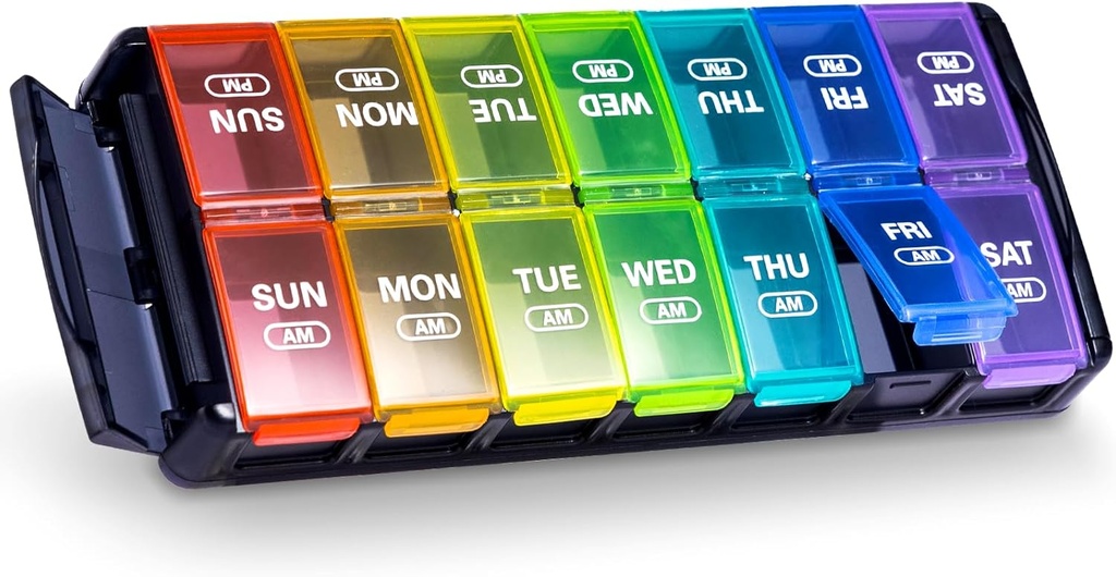 Sukuos Organizador semanal de píldoras 7 días 2 veces al día, Quick Fill Daily Pill Box (AM PM), Artritis Friendly Extra Large Pill Cases for Vitamin/Fish Oil/Supplements