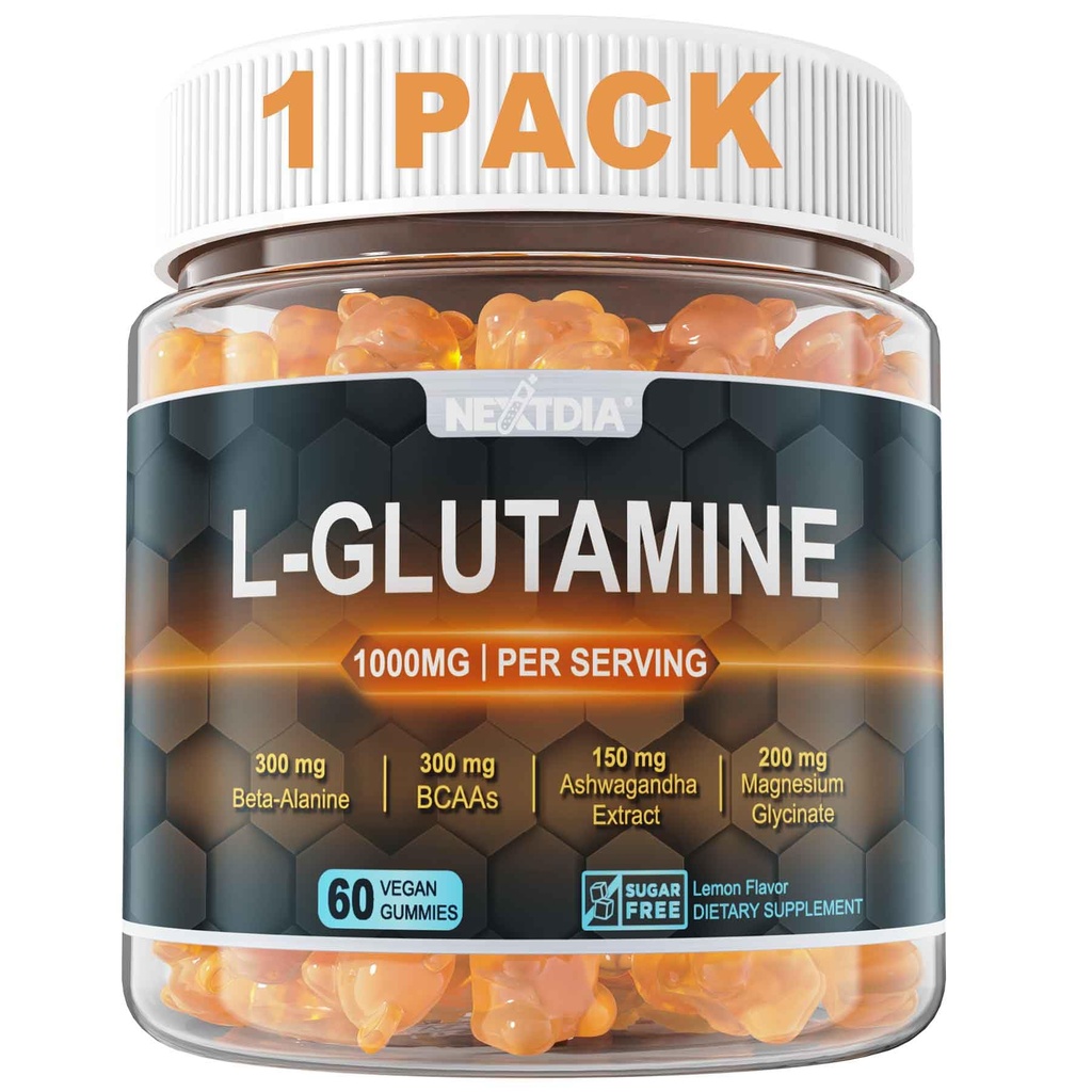 L-Glutamine 1000mg Gummies for Women ' Men sometida with Beta-Alanine, BCAAs, Magnesium Glycinate, Potassium & Ashwagandha ← Vegan ← Libre de Azúcar &amp; Extra-Chewy