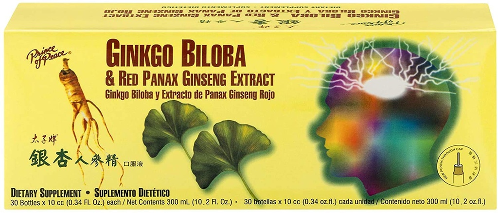 Prince of Peace Ginkgo Biloba y Red Panax Ginseng Extracto,30 botellas 0.34 oz