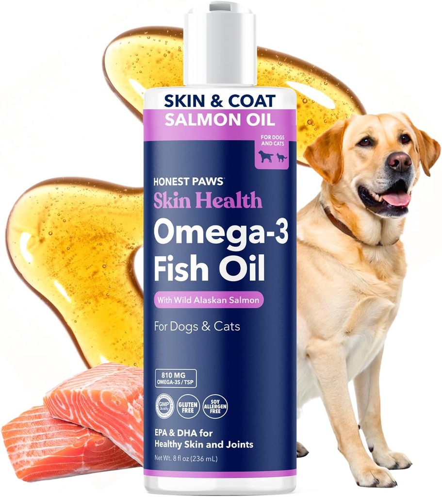 Honest Paws Wild Alaskan Salmon Oil for Dogs & Cats – Omega 3 Fish Oil Supplement for Skin, Coat, Joint & Heart Health – Natural, Sustentably Sourced, 8 oz
