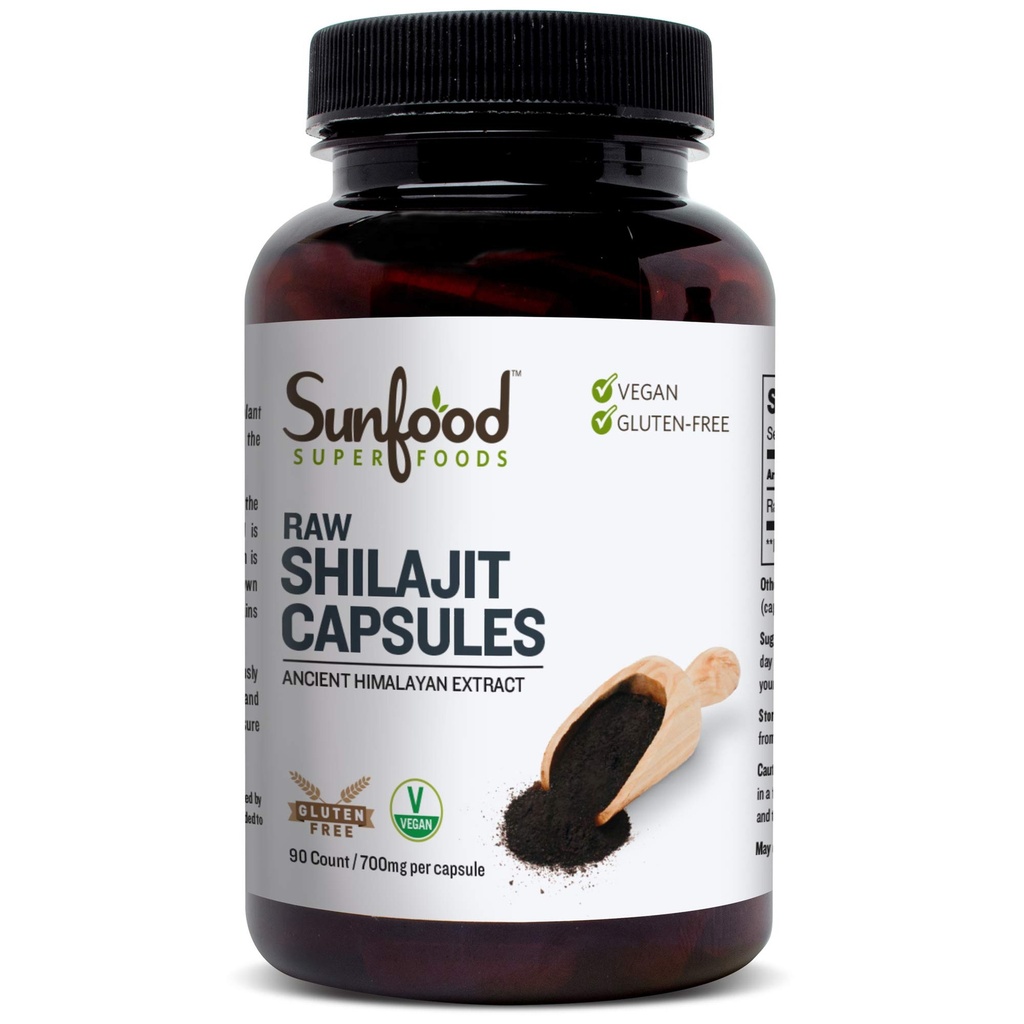 Superalimentos Sunfood Shilajit Capsules - Puro Shilajit Resin for Women &amp; Men, Antiguo Extracto Himalaya con ácido Fulvic, Minerales, Pilles Shilajit Powder - 90 cápsulas
