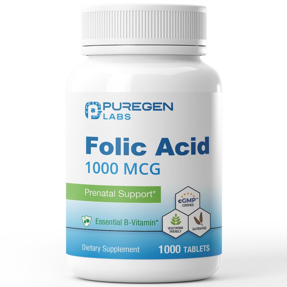 Puregen Labs Folic Acid 1000 mcg Tablets ← Vitamin B9 ← No-GMO Silencio Gluten Free ← Hecho en EE.UU.