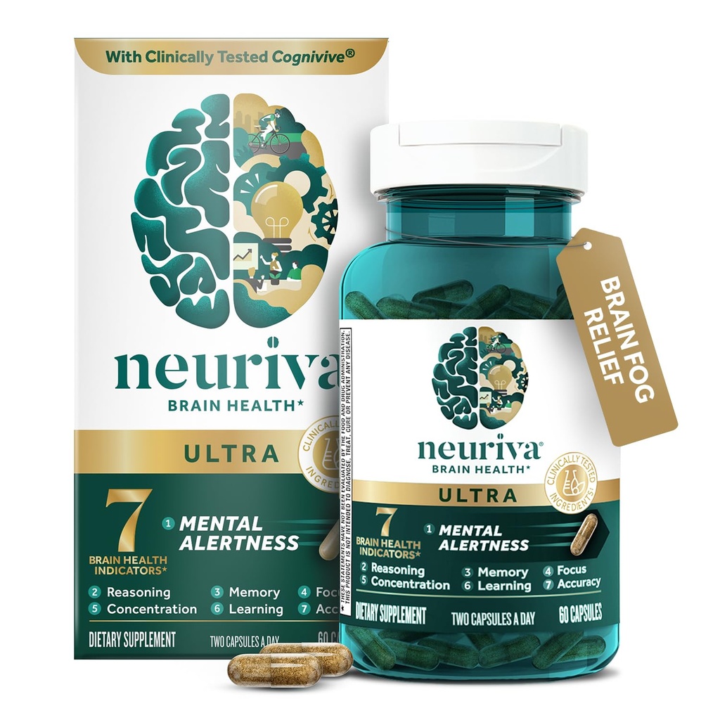 NEURIVA Ultra Decaffeinated Clinically Tested Nootropic Brain Supplement for Mental Alertness, Memory, Focus " Concentration, Cognivive, Neurofactor, Phosphatidylserine, Vitaminas B6 B12, 60 cápsulas