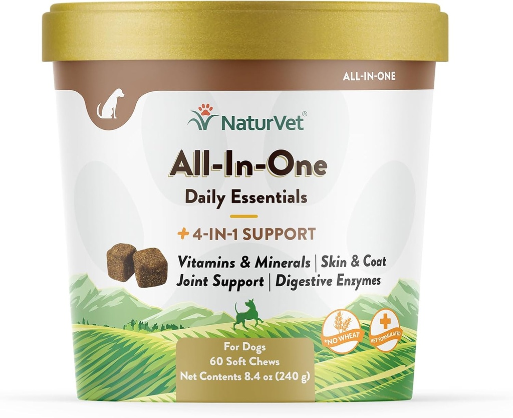 Suplemento de perros NaturVet All-in-One - para soporte conjunto, digestión, piel, cuidado de la carne – Multivitaminas de perros con minerales, Omega-3, 6, 9 – Vitaminas sin trigo para perros – 60 cerdas suaves