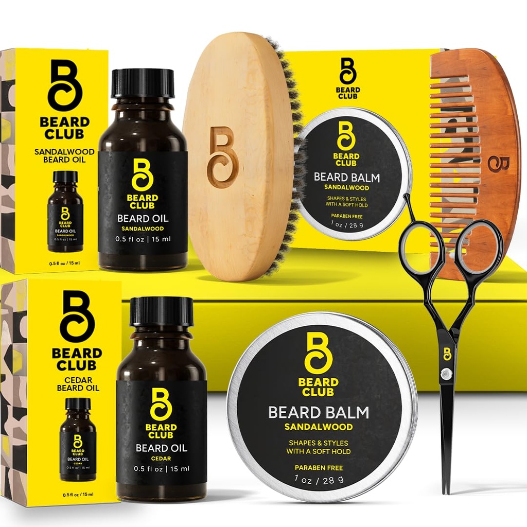 The Beard Club Beard Kit para Hombres - Grooming &amp; Care Kit - Cedar & Sandalwood Oil, Sandalwood Balm, Boar Bristle Brush, Comb, Trimming Scissors - Papá Gift Set