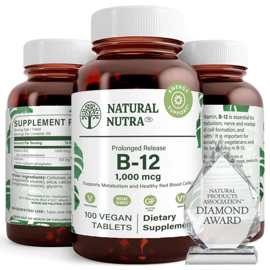 Natural Nutra Vitamina B12 1000 mcg, Promocionar Corazón & Nerve Salud, Cobalamin B12 Suplemento, Calcio Phosphate, Ayuda en Metabolismo Salud, Absorción Optimal, Gluten Gratis, Azúcar Gratis, 100 Tabletas Veganas