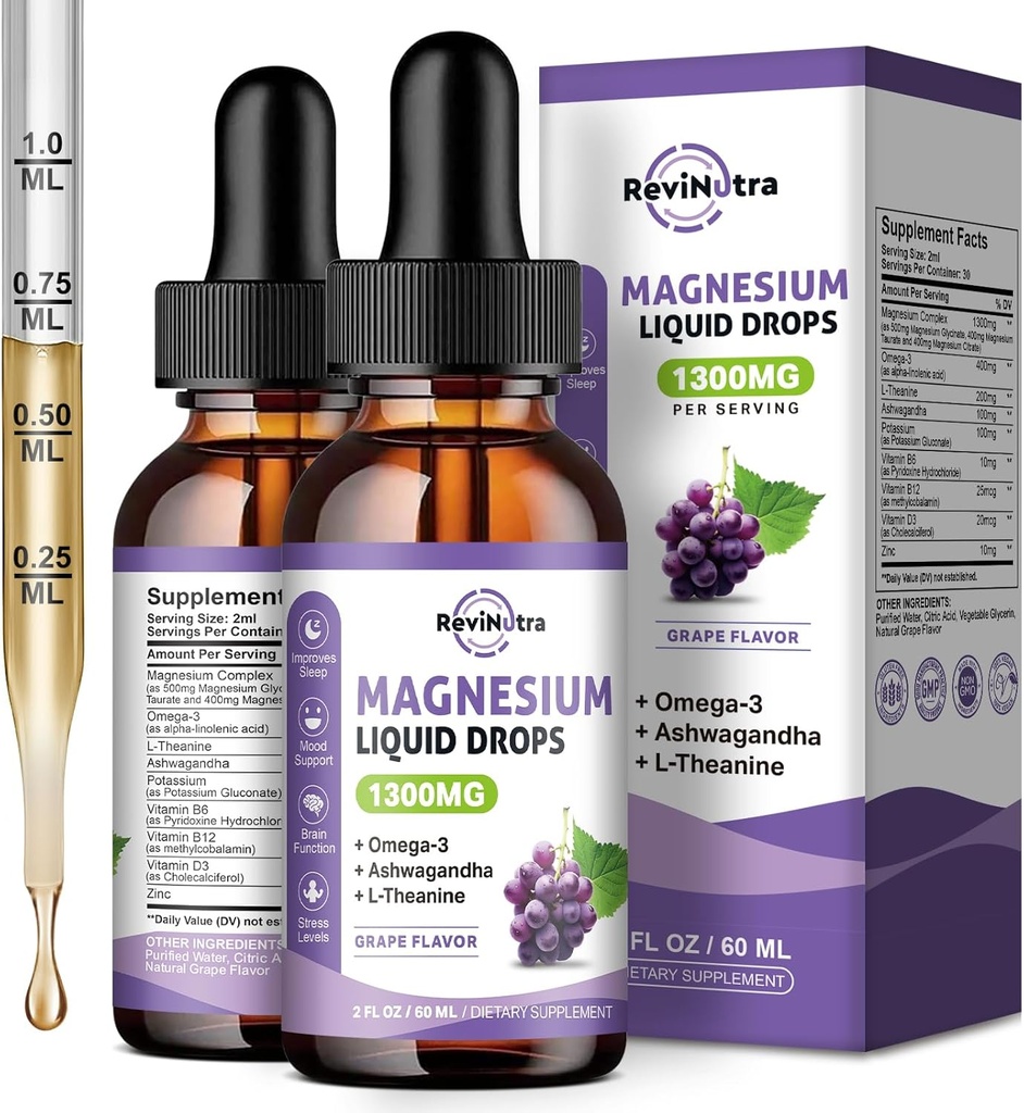 2 Pack Magnesium Liquid Drops, Calm Magnesium Glycinate Liquid Drops with Taurate & Citrate, Potassium, Omega3, L-Theanine, Ashwagandha, D3, B6, B12 para el sueño, musculo, corazón, sabor libre de azúcar