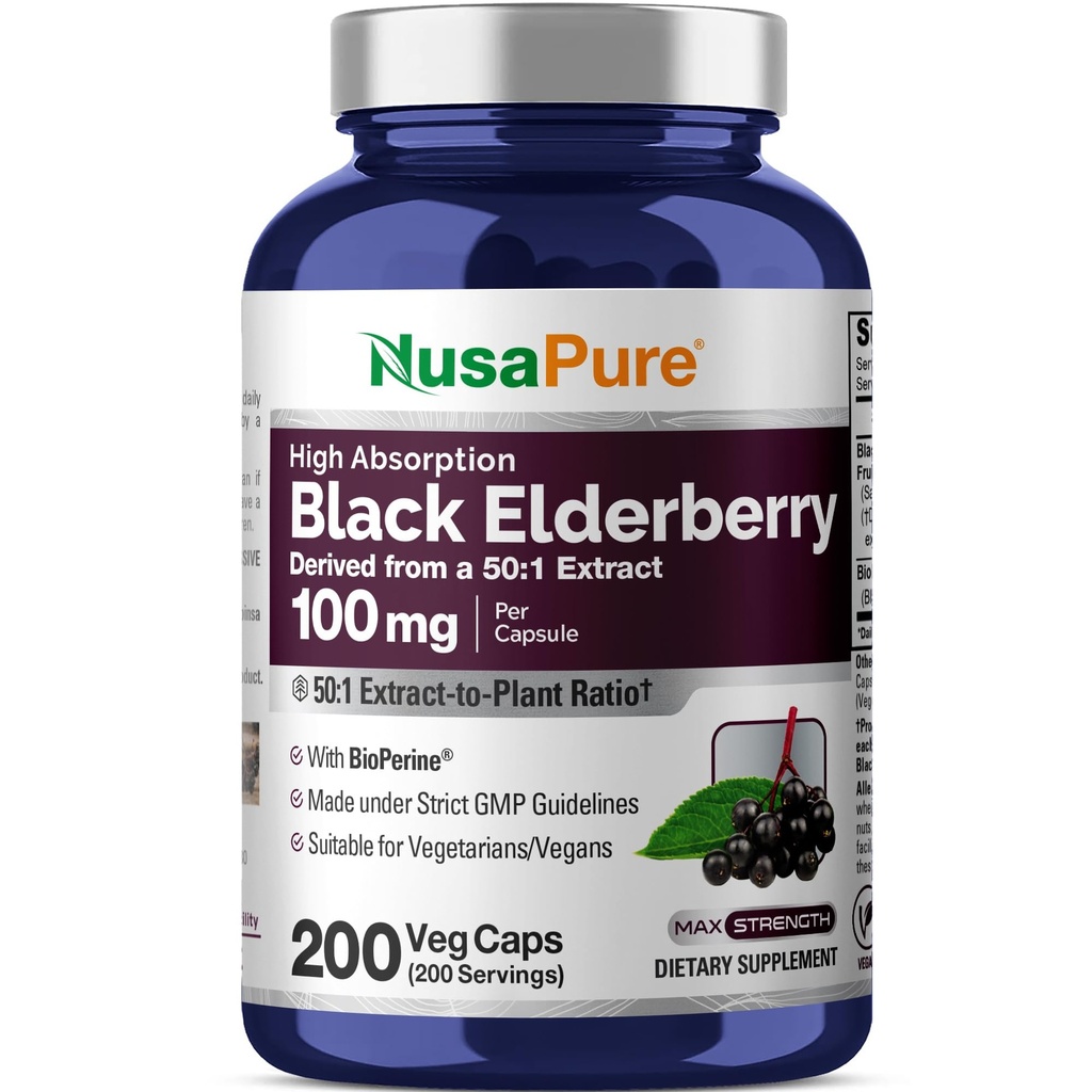 NusaPure Black Elderberry 50:1 Extracto, 100 mg Equivalente a 5.000 mg por cápsulas vegetarianas, 200 Conde (No GMO, Bioperina) Sambucus Suplemento