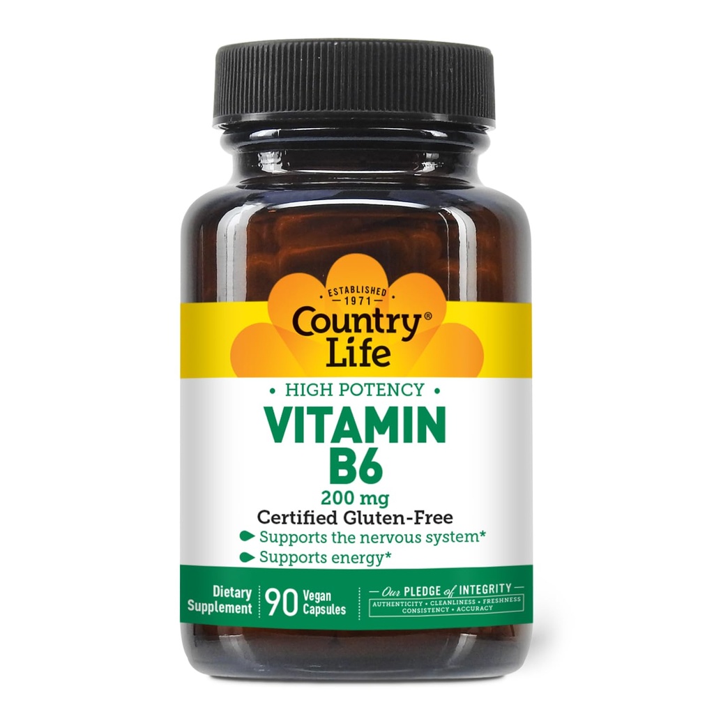 Country Life Vitamin B-6, High Potency, Supports Energy and The Nervous System, 200mg, 90 Vegan Capsules, Certified Gluten Free, Certified Vegan, Certified Halal...