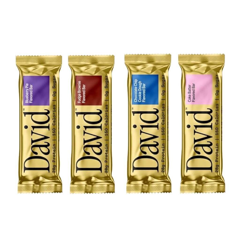 David, Protein Bar, Sample Pack, Variety Pack, Pack of 4 Protein Bares Silencio 28g de Protein ← 150 Calories  0g of Sugar - High Protein, Low Carb, Gluten Free Protein Bar