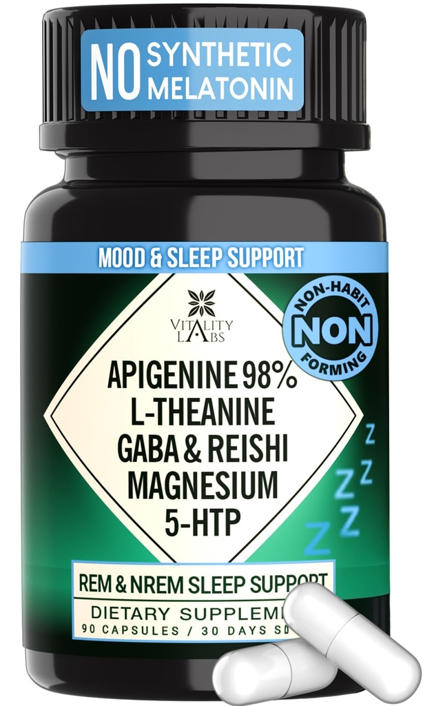 Suplemento natural de ayuda al sueño para adultos sin melatonina - No-Habit que forman el sueño herbal - GABA, L-Theanine, Reishi Mushroom, Apigenin, Magnesium Glycinate, 5-HTP - 90 cápsulas veganas