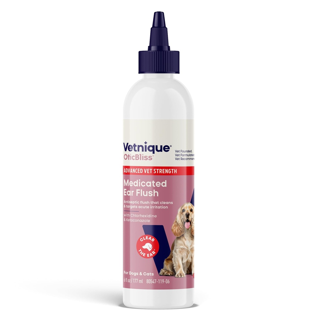Vetnique Oticbliss Advanced Strength Medicated Dog Ear Infection Treatment, Antiseptic Ear Cleaner for Cat &amp; Dog Ear Cleaning Solution Chlorhexidine & Ketoconazole (6oz Flush)