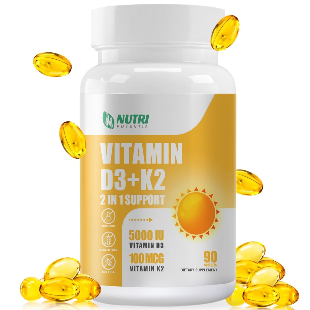 Vitamina D3 K2 Suplemento con MCT Oil, Vitamina D3 5000 UI y K2 100 mcg Softgel, Bone y Heart Health Support Suplemento, Gluten Gratis - 90 Cuenta Softgels