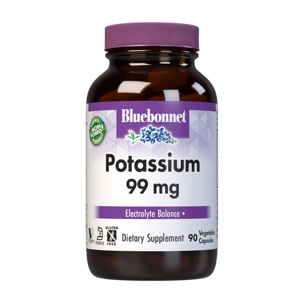 Suplemento de Potasio de Bluebonnet Aspartate 99mg Suplementos Minerales Esenciales para Equilibrio de Electrolitos - No GMO, Vegan, Kosher Certified, Gluten-Free, Soy-Free, Dairy-Free - 90 Veggie Capsules