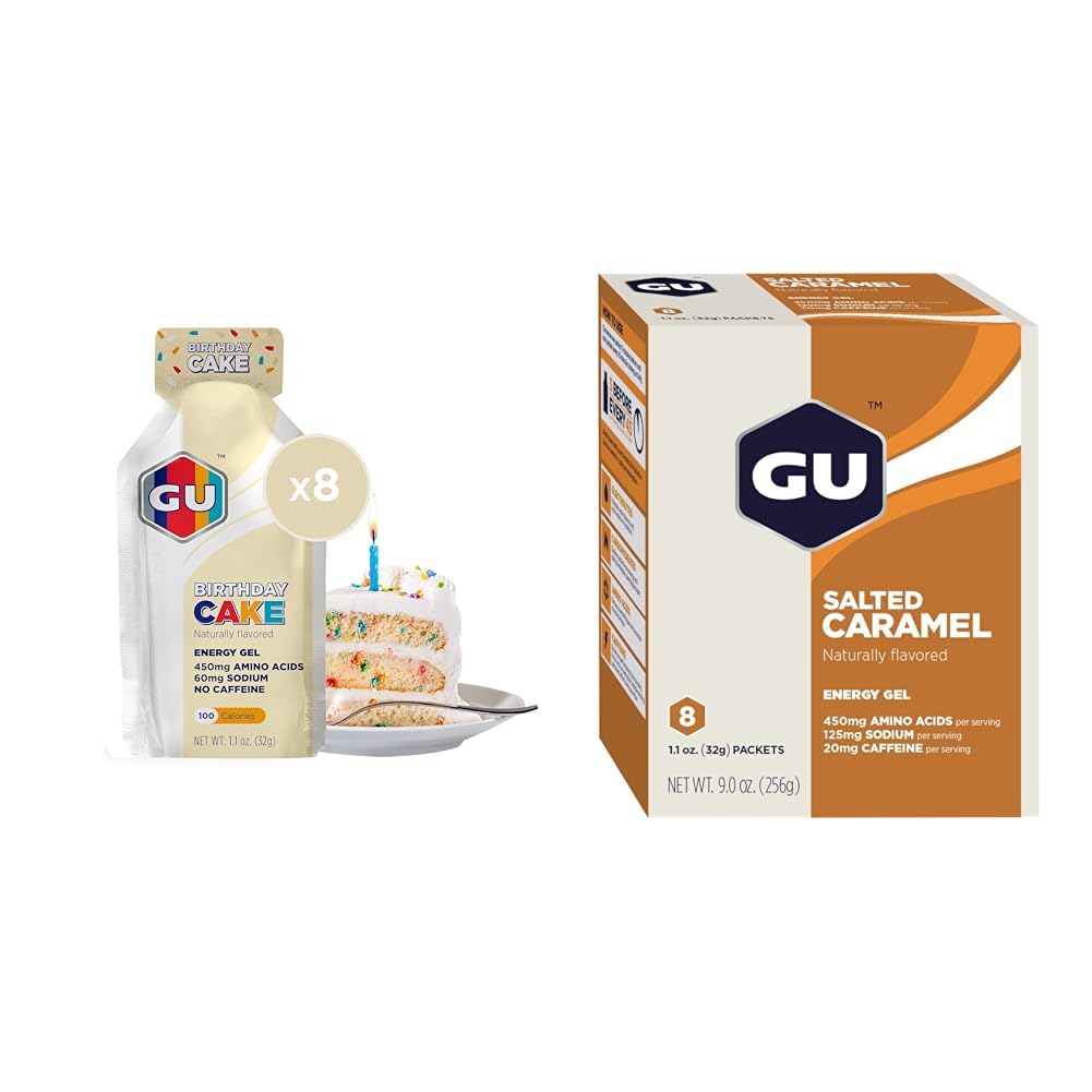 GU Energy Original Sports Nutrition Energy Gel, 8-Count Cake de cumpleaños y 8-Count Salted Caramel Flavors