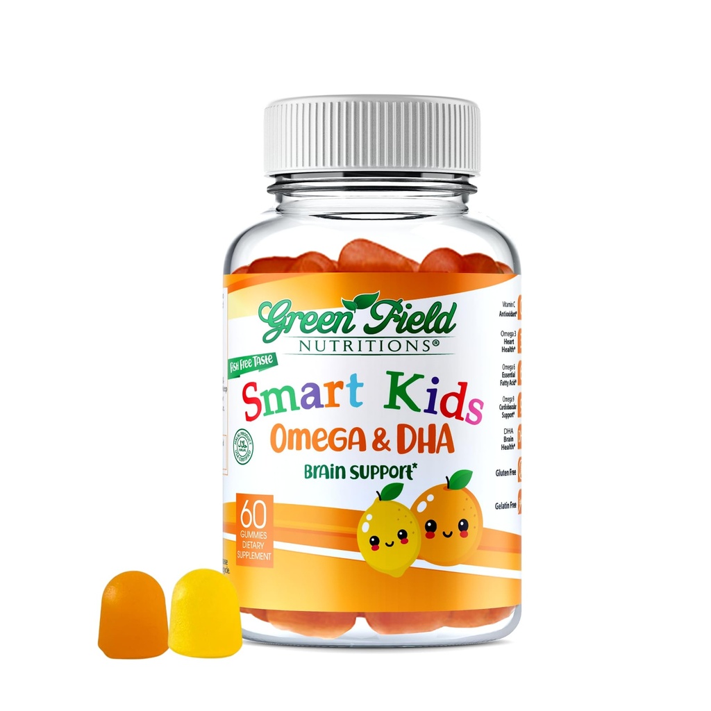 Greenfield Nutritions Smart Kids Halal Omega 3 Gummies with DHA - 60 Halal Vitamins for Kids, Supports Brain & Immune Health - Vegan, Non-GMO, Gluten, Gelatin-Free y Peanut-Free Halal Gummy Vitaminas