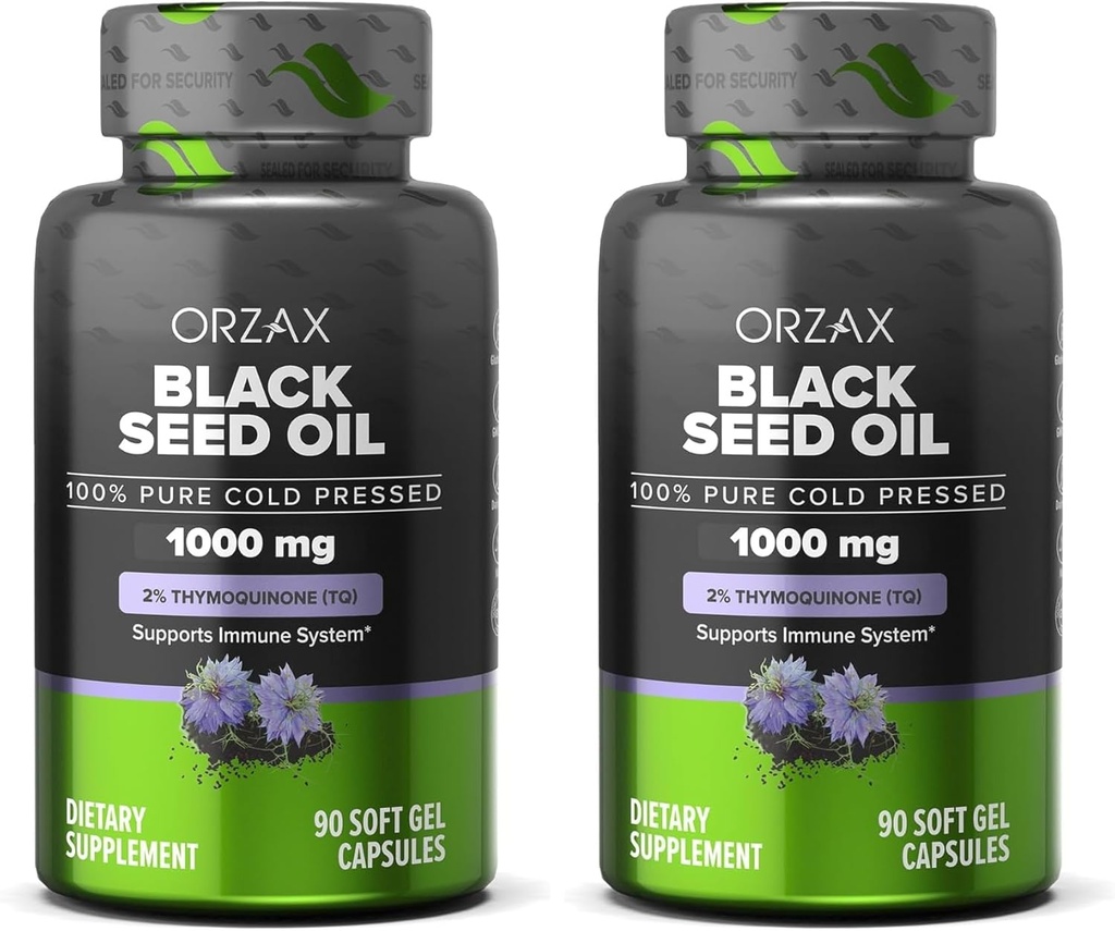 ORZAX Black Seed Oil 1000 mg Organic Cold Pressed Capsules for Hair, Skin, and Joints - Rich in Omega 3 6 9 - Non-GMO, Gluten Free - (90 Soft Gel Capsules) (Pack of 2)