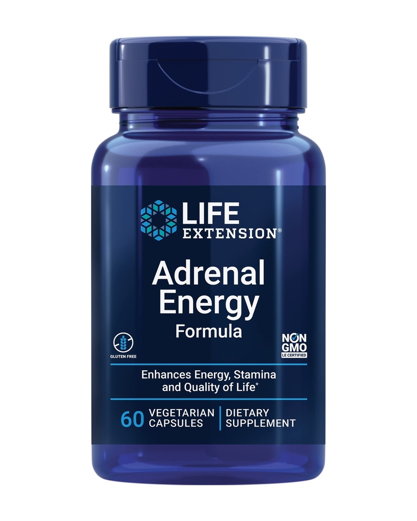 Extensión de la vida Fórmula de Energía Adrenal, Ayuda a inhibir los efectos de estrés, Basil santo, cordones, bacopa y ashwagandha, Gluten Free, Non-GMO, Vegetarian, 60 cápsulas