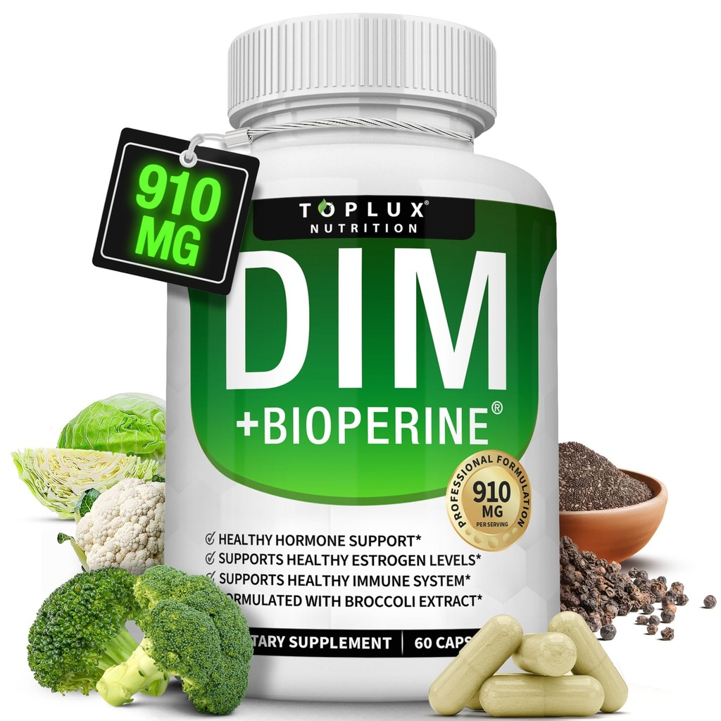 Suplemento de Dim 910 mg Plus Complejo BioPerine - Diindolylmetano para apoyar el equilibrio hormonal y el metabolismo estrógeno, ayuda con el acné de la menopausia PCOS Mejor creación de cuerpo de la piel, para hombres mujeres, 60 cápsulas